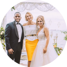 Wedding photo with bride in beautiful dress and groom in tuxedo in the city of Thessaloniki